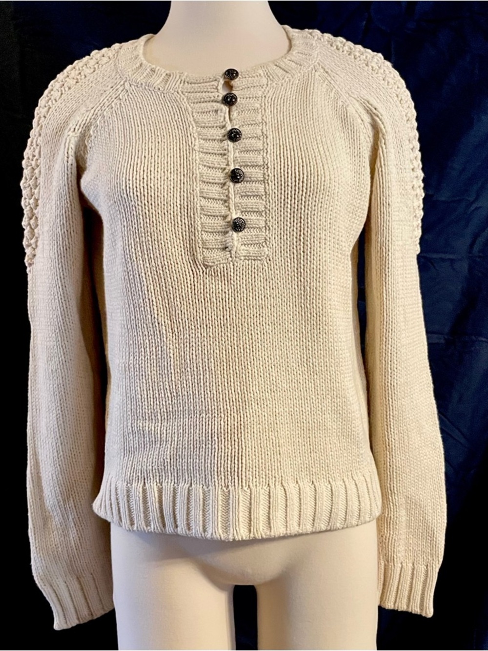 Acorn Cream Button-Placket Crewneck Sweater